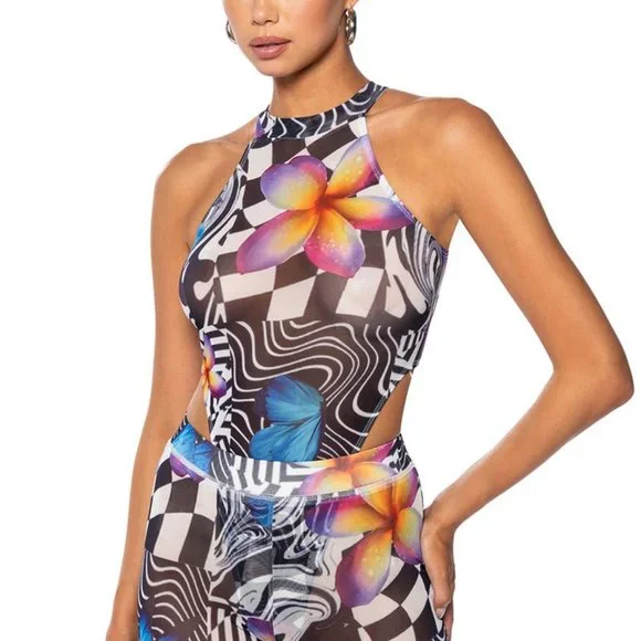 Stasia Land Flowers on the Board: Mesh Sleeveless Mock Neck Bodysuit M L - Picture 6 of 6